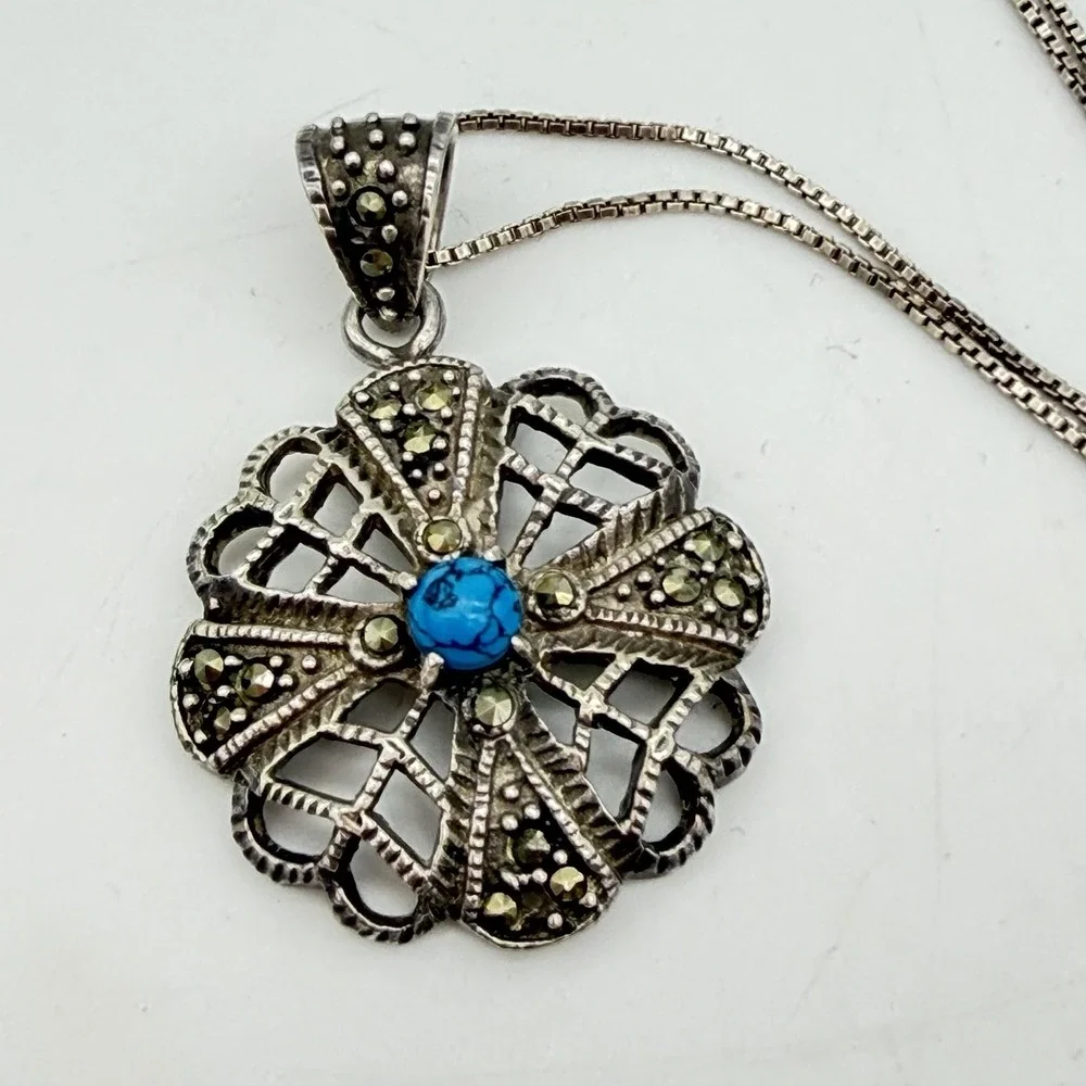 VTG Sterling Silver Turquoise Marcasite Pendant Necklace Italy 18 Inch Estate
